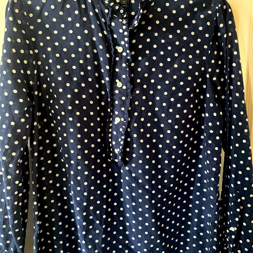 J.Crew Navy Polka Dot Ruffle Blouse
